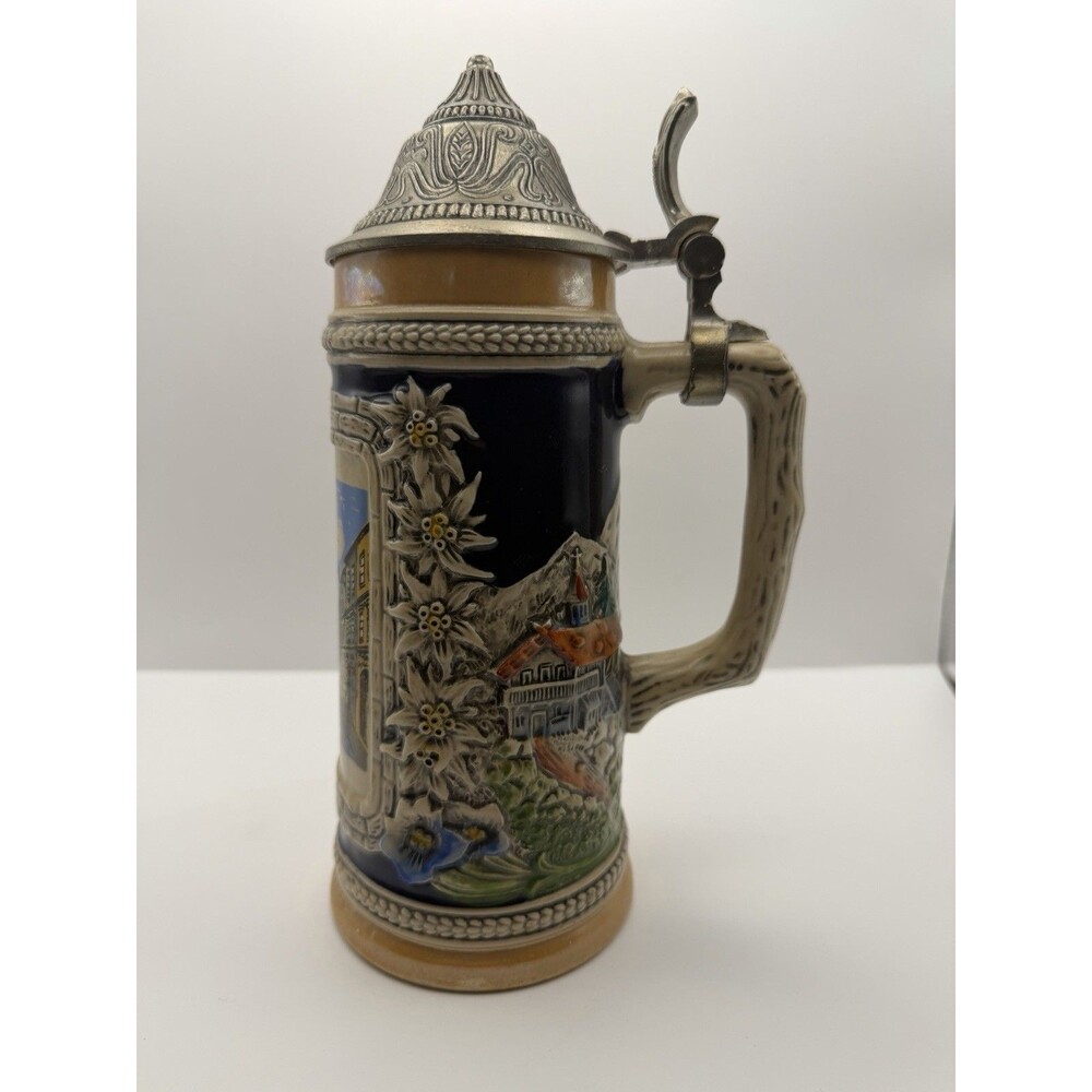 Vintage GERZ Germany Ansbach Beer Stein 94% Zinn Pewter Lid German Relief
